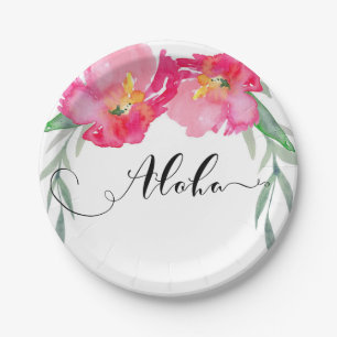 Plato De Papel Fiesta Floral Aloha de Hoja Verde Tropical Rosa