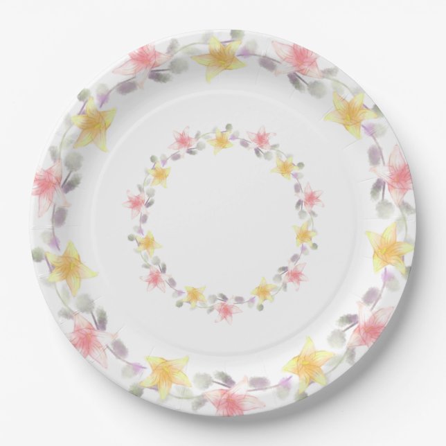 Plato De Papel Fiesta floral bonito rosa y amarilla (Anverso)