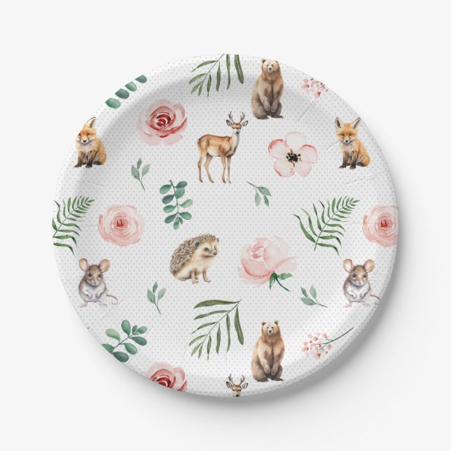 Plato De Papel Fiesta floral de animales de Woodland (Anverso)