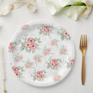 Plato De Papel Fiesta floral de color verde salvia y rosa en acua