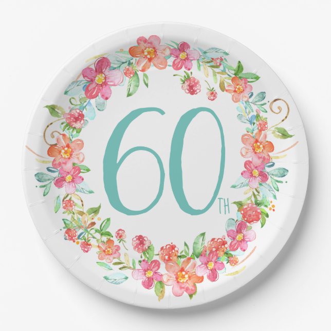 Plato De Papel fiesta floral de la 60.a acuarela bonita del (Anverso)