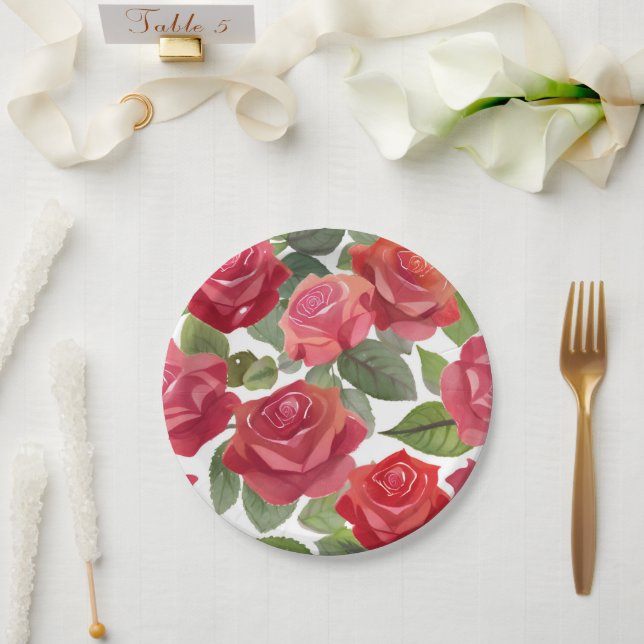 Plato De Papel Fiesta Floral de Rosa Roja (Boda)
