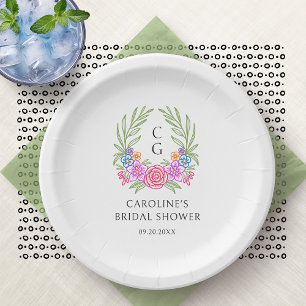 Plato De Papel Fiesta Floral Monograma Escudo Ducha de novia