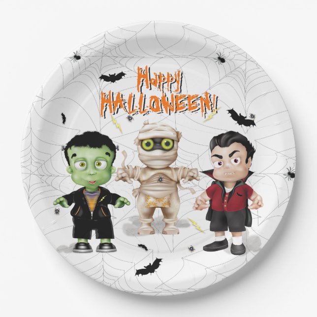 Plato De Papel Fiesta Frankenstein Mummy Dracula Halloween (Anverso)