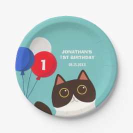 Plato De Papel Fiesta Gato Guay Balón Niños Cumpleaños