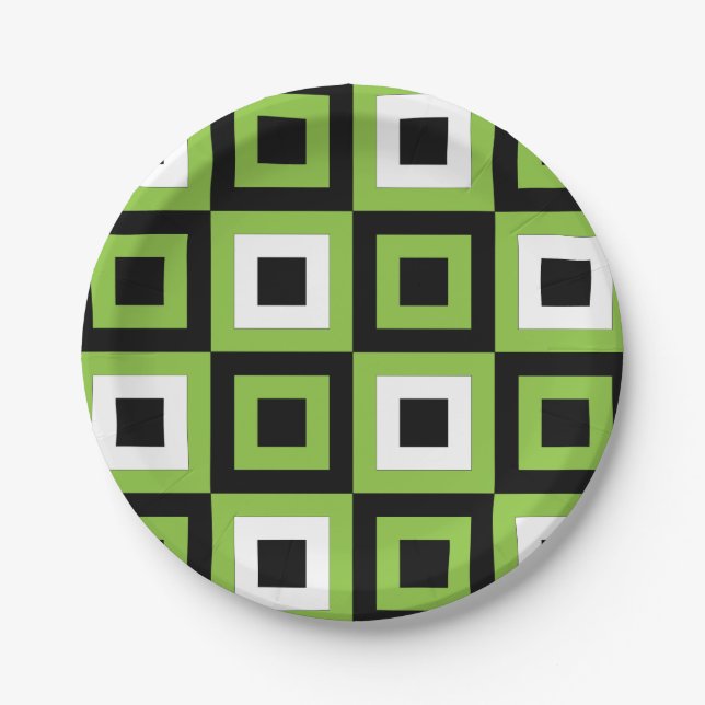 Plato De Papel Fiesta geométrico de cuadrados blancos negros verd (Anverso)
