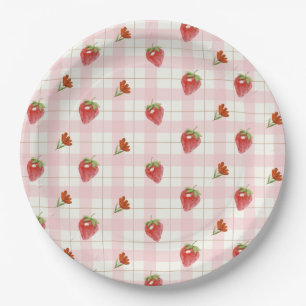 Plato De Papel Fiesta Gingham de Fresa Rosa