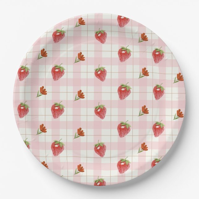 Plato De Papel Fiesta Gingham de Fresa Rosa (Anverso)
