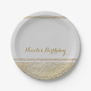 Plato De Papel Fiesta Glam Chic Elegante de Oro Blanco y Brillant