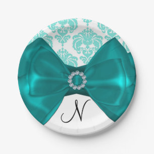 Plato De Papel Fiesta Glam Teal y Blanco Damask Brillo Lazo Dulce