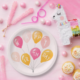 Plato De Papel Fiesta Globos Niño Amarillo Rosa Feliz cumpleaños