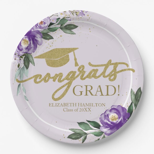 Plato De Papel Fiesta Grad Purple Lavender Floral Grad (Anverso)