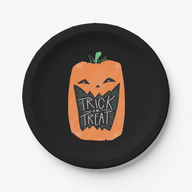 Plato De Papel Fiesta Halloween de calabaza de truco o truco (Anverso)