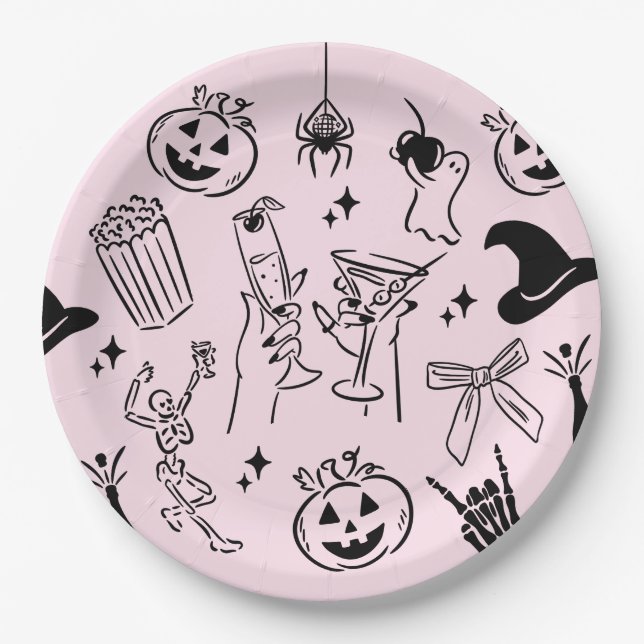 Plato De Papel Fiesta Halloween de Mano Rosa (Anverso)