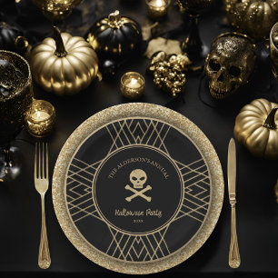Plato De Papel Fiesta Halloween de Oro Dadado a Mano y Vintage Ne