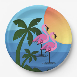 Plato De Papel Fiesta Hawaiana Luau Flamencos Palmeras