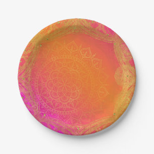 Plato De Papel Fiesta Hindú Mandala Rosa Fucsia Naranja y Dorado