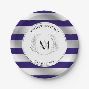 Plato De Papel Fiesta Laurel Monogramed Silver y Blue Grad