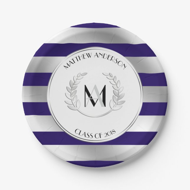 Plato De Papel Fiesta Laurel Monogramed Silver y Blue Grad (Anverso)