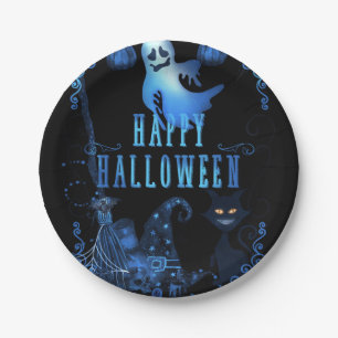 Plato De Papel Fiesta Mágica de Halloween Gato Negro Luz Azul Bri