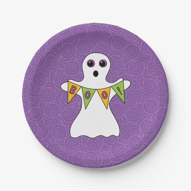 Plato De Papel Fiesta morado de fantasma de Halloween (Anverso)