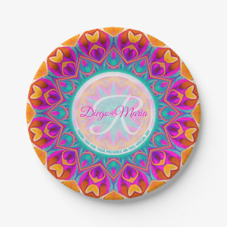 Plato De Papel Fiesta Naranja de Aqua Rosa de Fuchsia Mandala Mon