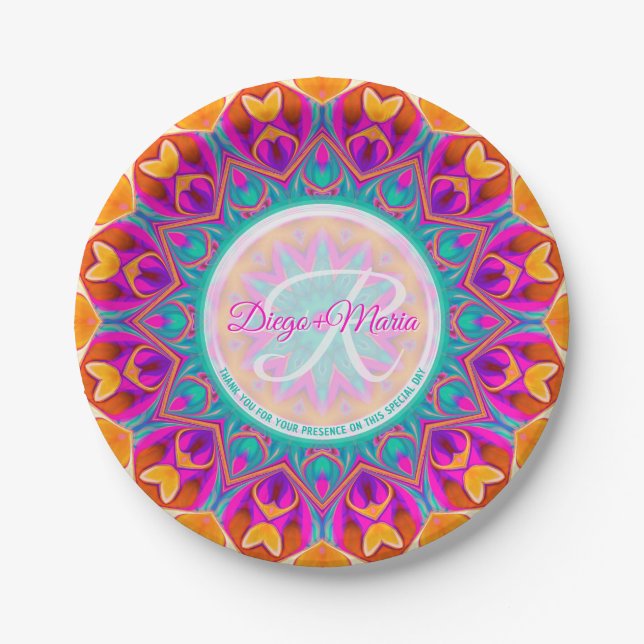 Plato De Papel Fiesta Naranja de Aqua Rosa de Fuchsia Mandala Mon (Anverso)