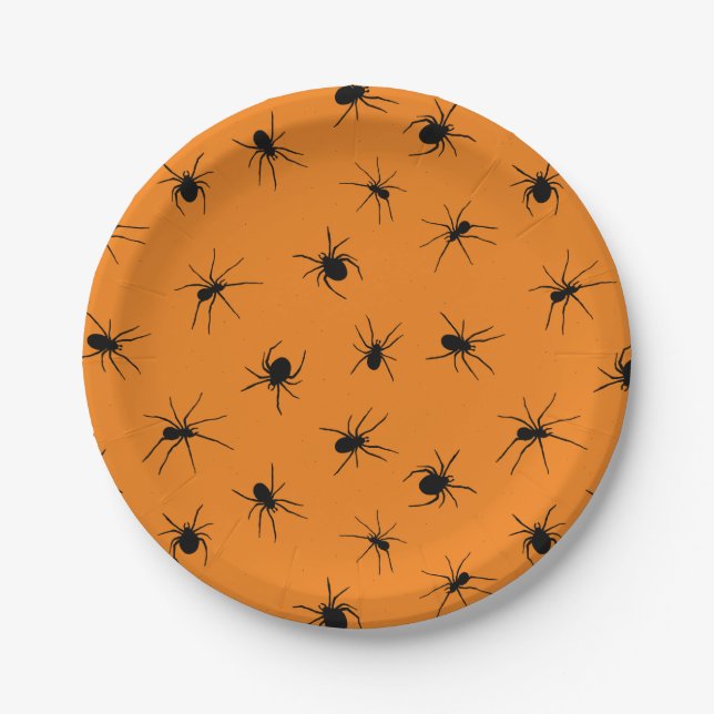 Plato De Papel Fiesta Naranja de Halloween Spooky Spiders (Anverso)