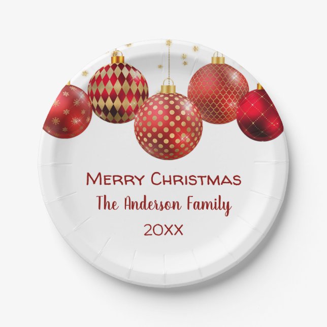 Plato De Papel Fiesta navideña de Navidades de ornamentos rojos y (Anverso)