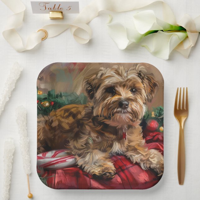 Plato De Papel Fiesta Navideña de Perro Yorkipoo (Boda)