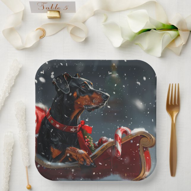 Plato De Papel Fiesta Navideña del Perro Doberman (Boda)