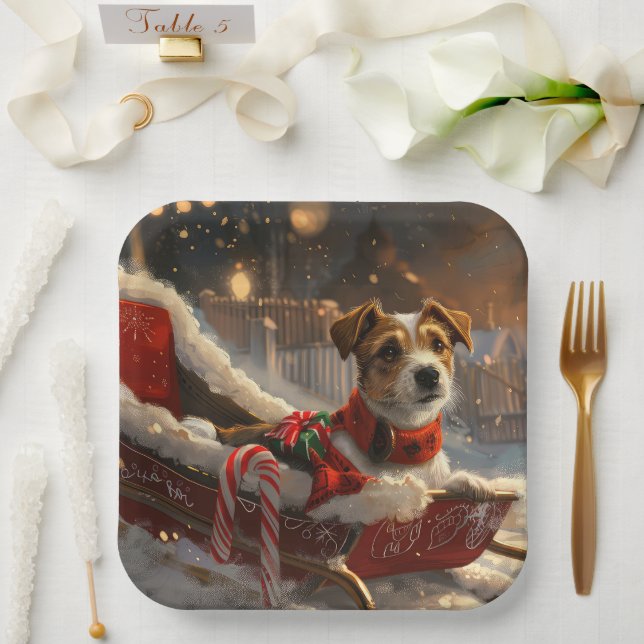 Plato De Papel Fiesta Navideña del Perro Jack Russell (Boda)