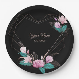 Plato De Papel Fiesta Negra Elegante Geométrica Dorada Floral Ros