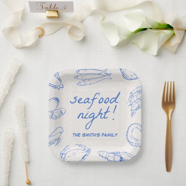 Plato De Papel Fiesta Nocturno Hand Drawn Seafood (Boda)
