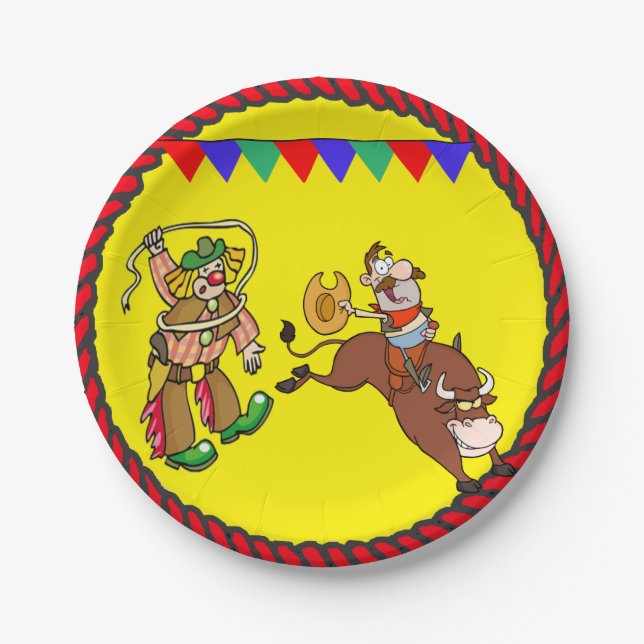 Plato De Papel Fiesta occidental Bull Rider y Rodeo Clown (Anverso)