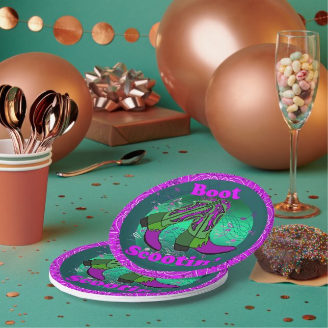 Plato De Papel Fiesta occidental: Cowboy Boot Scootin" Danza púrp (Multi)