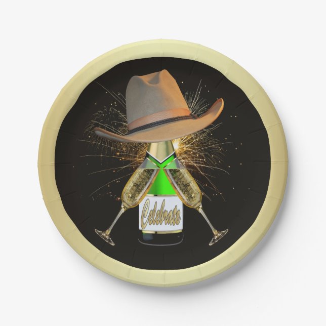 Plato De Papel Fiesta occidental Cowboy Gorra Champagne Fireworks (Anverso)