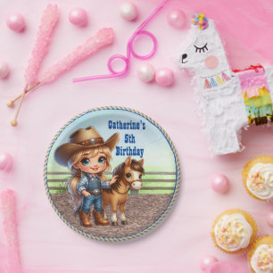 Plato De Papel Fiesta Occidental Niñita Vaquera Con Personalizado
