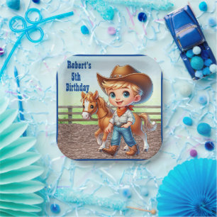 Plato De Papel Fiesta Occidental Niño Vaquero Con Personalizado D