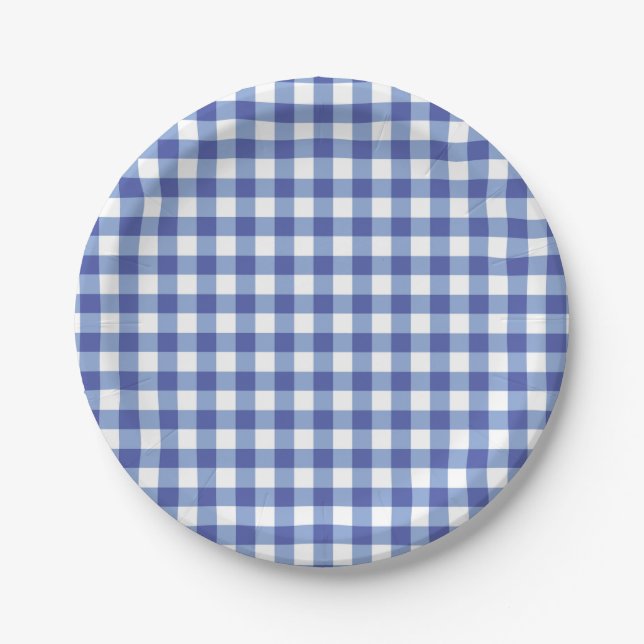 Plato De Papel Fiesta OZ de las plazas de Gingham de Blue y White (Anverso)
