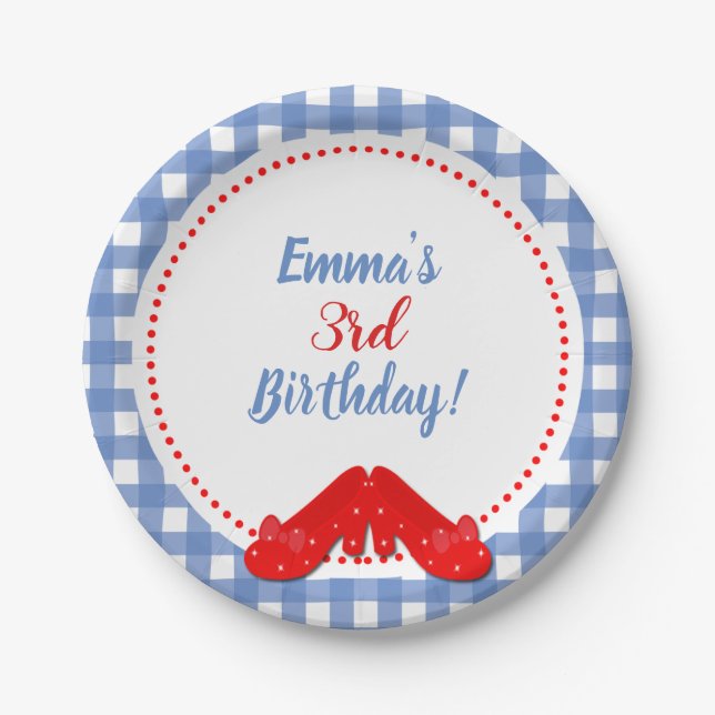 Plato De Papel Fiesta OZ de los zapatos rojos de Gingham de Blue  (Anverso)