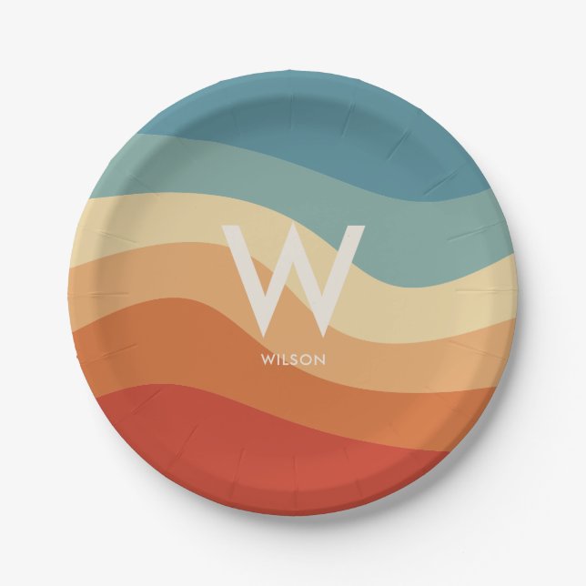 Plato De Papel Fiesta Personalizada con Monograma de Rayas Ondula (Anverso)