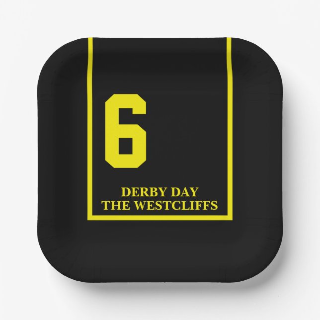Plato De Papel Fiesta Personalizada de Derby Caballo 6 Negro (Anverso)