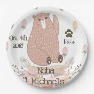 Plato De Papel Fiesta Personalizada de Niño Bebé Oso Marrón Adora