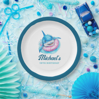 Plato De Papel Fiesta Personalizada de Tiburones en la Piscina