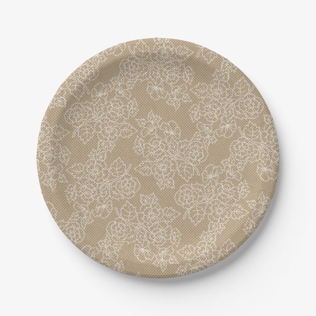Plato De Papel Fiesta Personalizado de Floral Lace Kraft (Anverso)