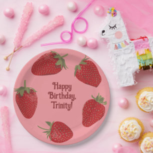 Plato De Papel Fiesta Personalizado de fresa roja y rosa