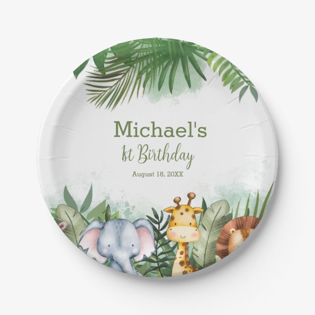 Plato De Papel Fiesta personalizado del cumpleaños de Safari Anim (Anverso)