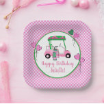 Plato De Papel Fiesta personalizado del tema del golf rosa y verd<br><div class="desc">Es tiempo fiesta y muy divertido decorar con este encantador plato de papel -carrito de golf rosa y verde y palos- con una purpurina de oro tirada - completado con su nombre en guión y un Feliz Cumpleaños. Cualquier pregunta de diseño sólo envía un chat o un correo electrónico a...</div>