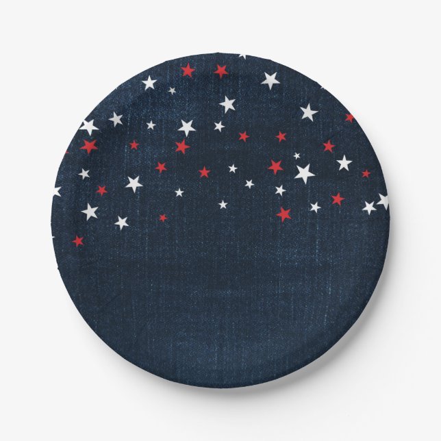 Plato De Papel Fiesta Personalizado Denim de Estrellas rojas blan (Anverso)